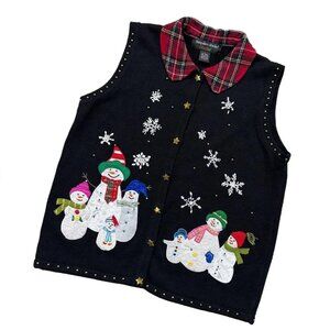 Vintage Christmas Sweater Vest Size Large Black Red Plaid Snowman Kitschy 1990s